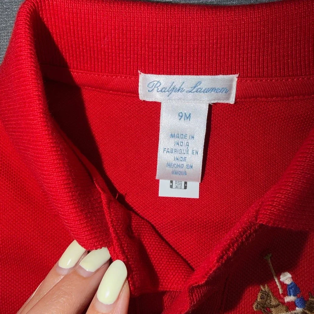 Ralph Lauren Baby Boys Red Long‎ Sleeve Triple Pony Polo Romper 9M